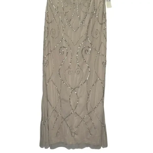 NWT Adrianna Papell Studio Beaded Sequin Long Gown Dress Biscotti Sz 12
